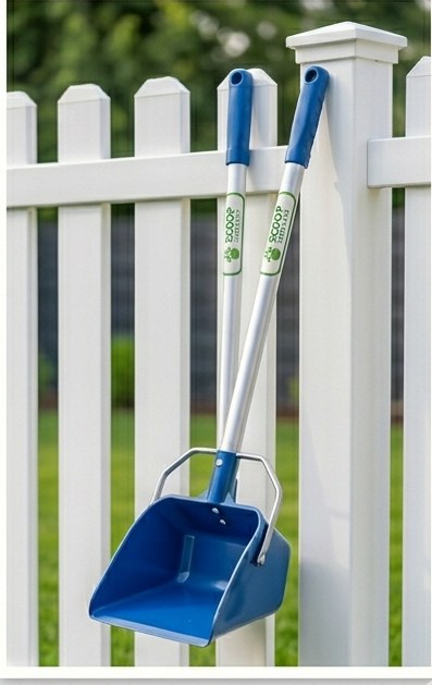 Scoop, There It Is branded scooper tools against a white picket fence